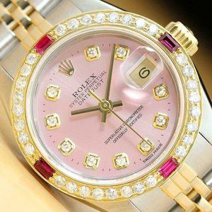 Sale! Rolex Ruby Diamond Gold Date Ladies Watch